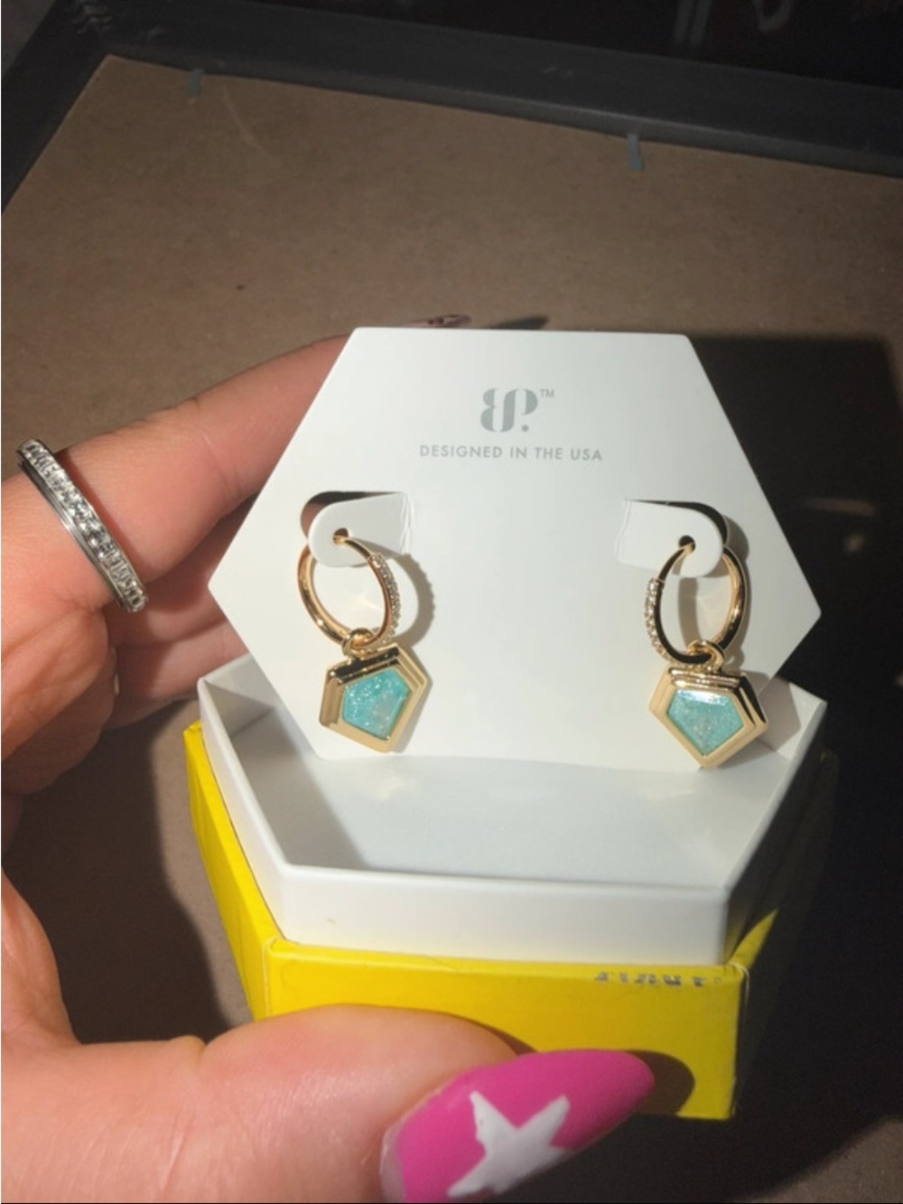bp Gold Hoop Earrings with Aqua Hexagon Accents
